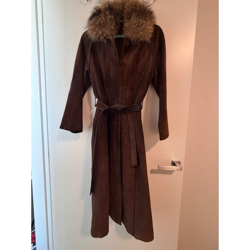 Vintage Genuine Suede Fur Collar Maxi Coat Brown Leather Trench Belted 9